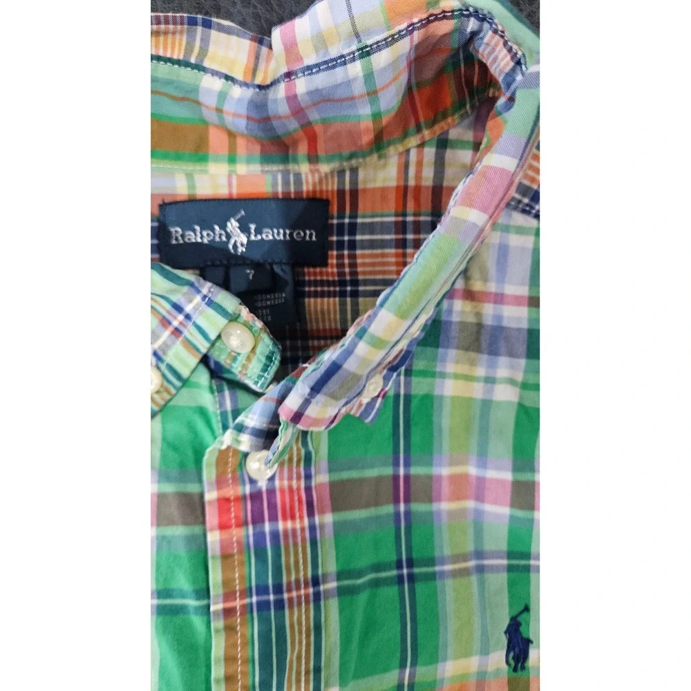 POLO Ralph Lauren Boys Plaid Button Down Shirts Short Sleeve Size 7 Red & Green